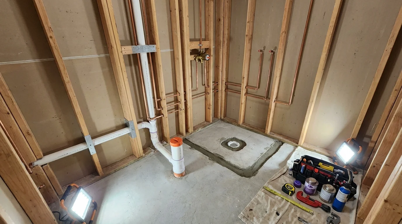 Bathroom rough-in plumbing during remodel by Johns Plumbing LLC in North Branch
