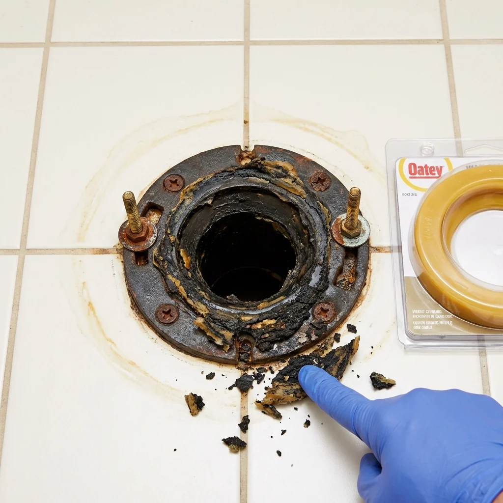 Failed wax ring showing water seepage at the base of a toilet in a North Branch, MN home