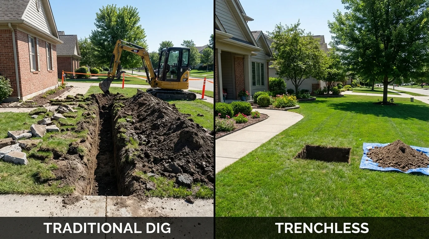 Trenchless sewer repair with minimal yard damage versus traditional excavation in North Branch, MN