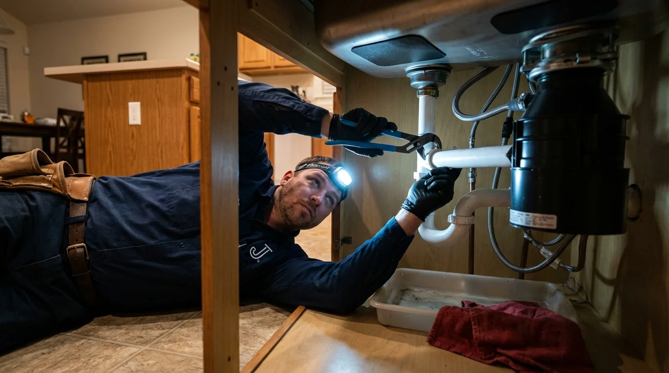 P-trap and supply line connections under a kitchen sink showing a common leak point in North Branch, MN